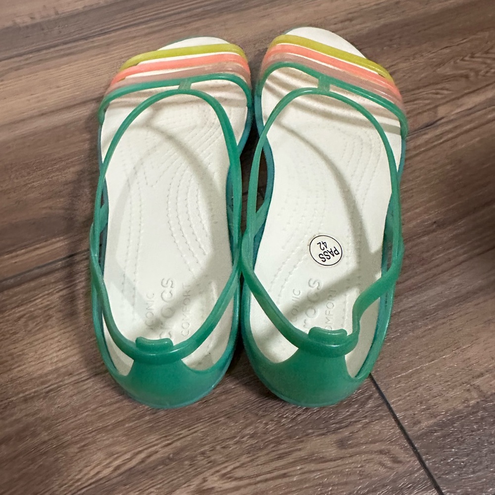 CROCS Green Jelly T-Strap Sandals with Pink Peach and Yellow Stripes - Picture 2 of 3